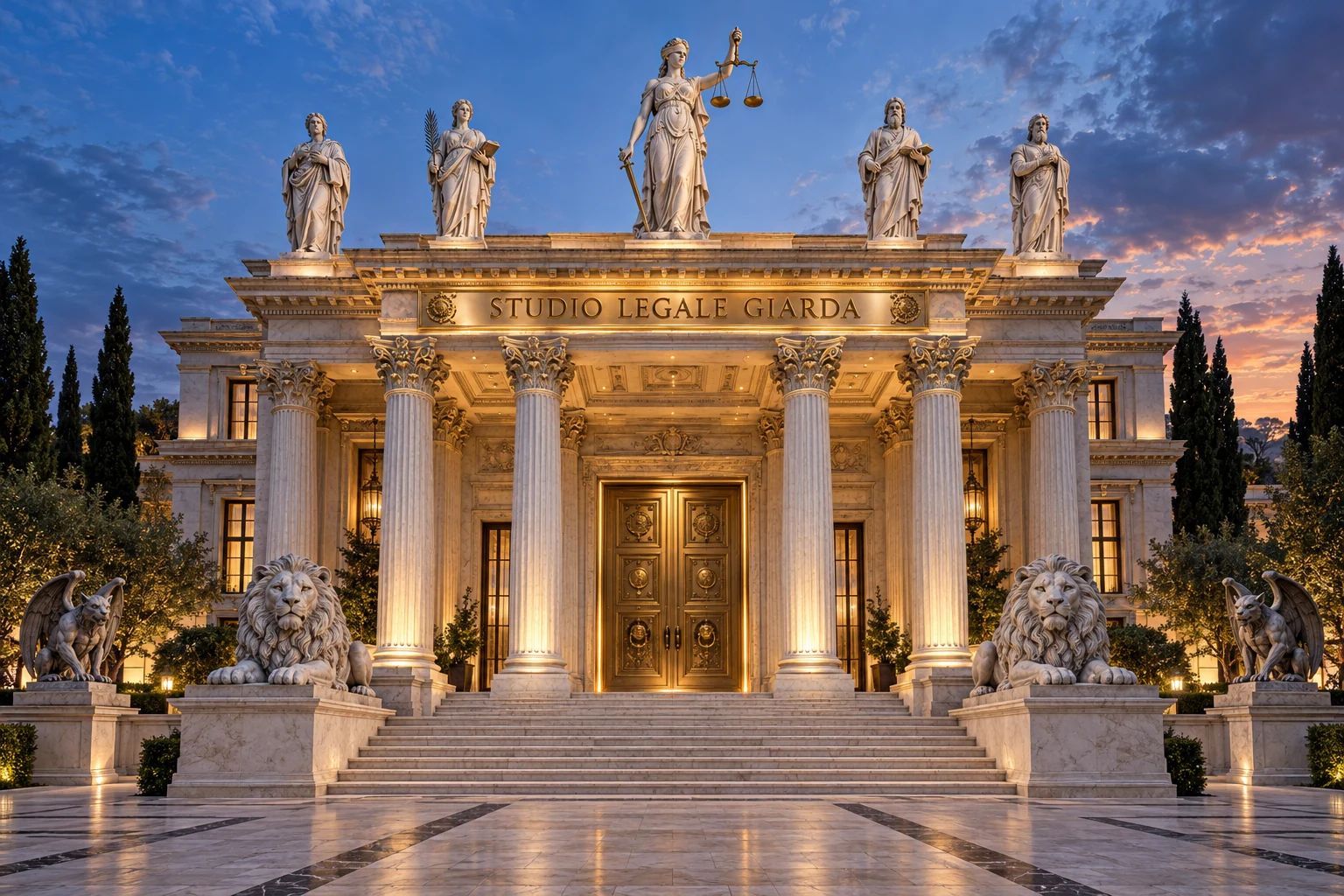 Studio Legale Giarda: colonnato in marmo, targa dorata, Giustizia e santi sulla cornice, leoni e gargoyle in pietra.